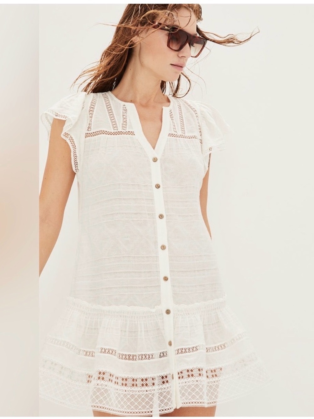 Veronica Beard Mirtea Cotton Lace Texture White Mini Swim Ruffle Dress Small
